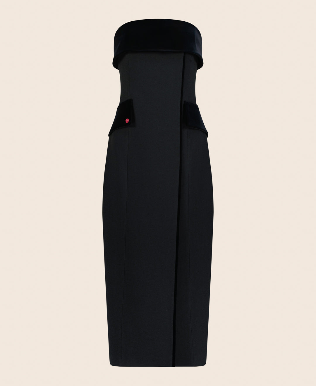 Black bustier dress with wide velvet draping across the chest