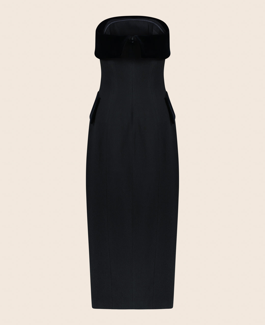 Black bustier dress with wide velvet draping across the chest