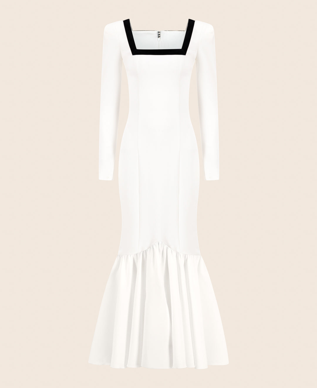 Dress with an asymmetric hem and velvet-trimmed neckline