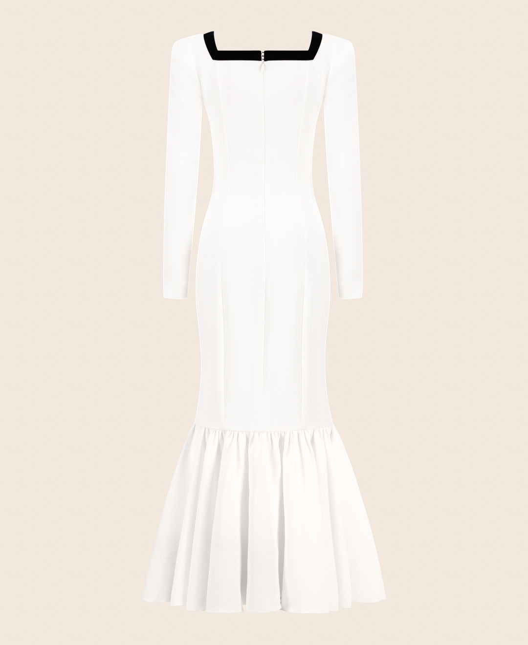 Dress with an asymmetric hem and velvet-trimmed neckline
